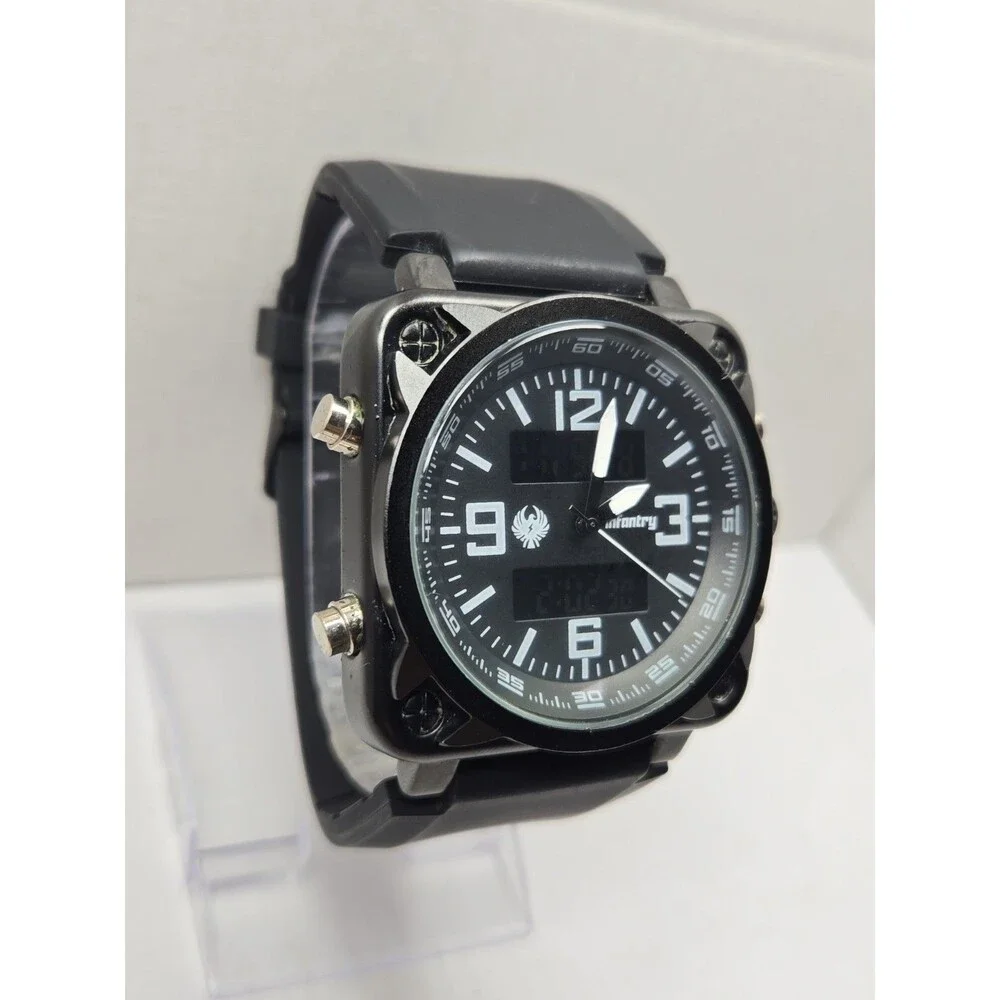Infantry Night Stealth Ana Digi Square 46mm Mens Watch Black  Alarm New Battery